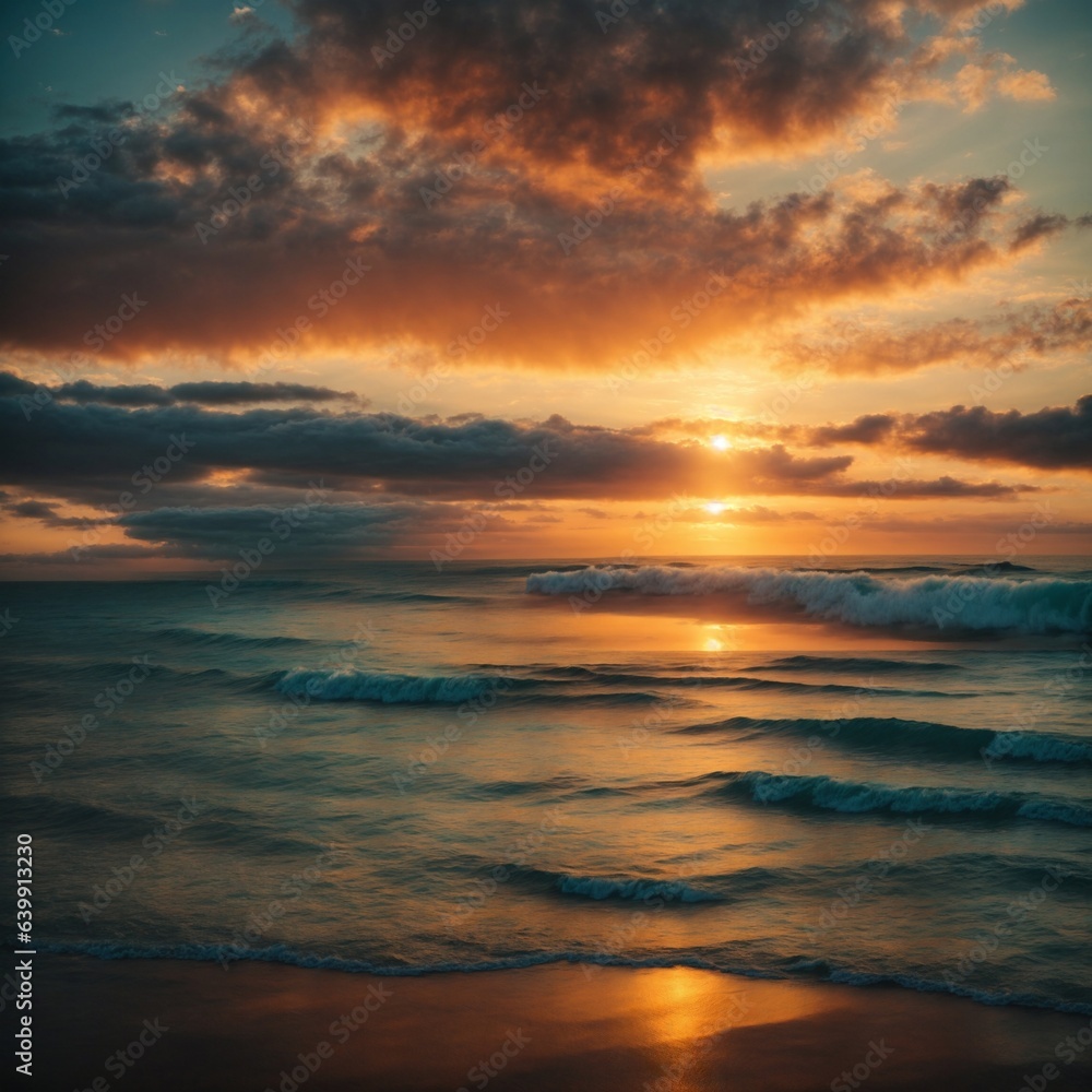 Calm sea with sunset sky and sun through the clouds over. Meditation ocean and sky background. seascape. Horizon over the water.