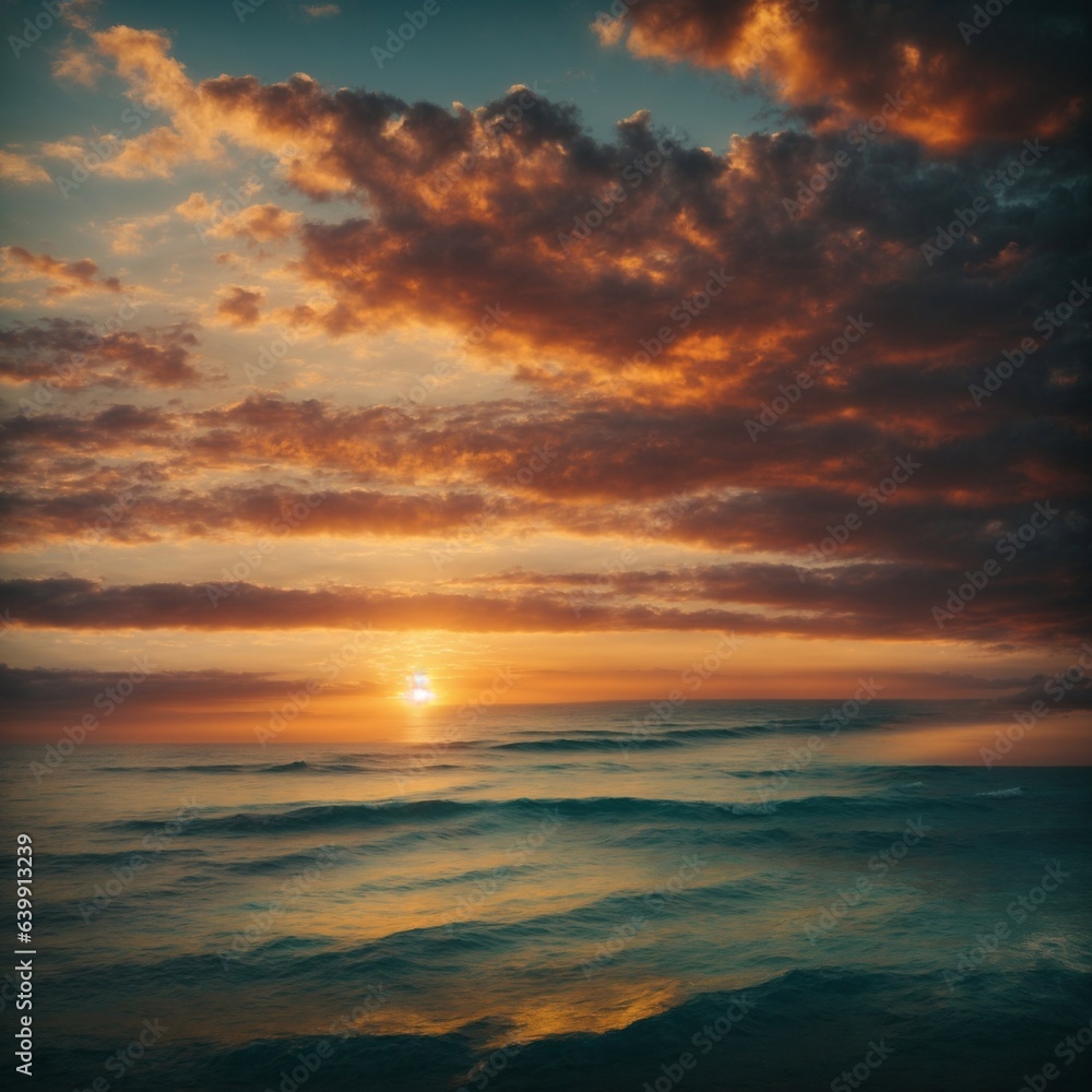 Calm sea with sunset sky and sun through the clouds over. Meditation ocean and sky background. seascape. Horizon over the water.