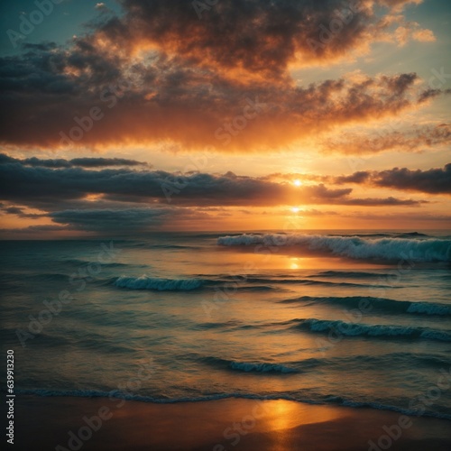 Calm sea with sunset sky and sun through the clouds over. Meditation ocean and sky background. seascape. Horizon over the water. © Aomarch