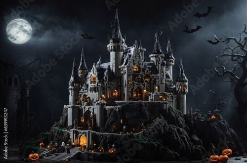 3D rendering of an epic castle scenery with full moon in majestic night sky and highly detailed natural environment landscape. blocks concept