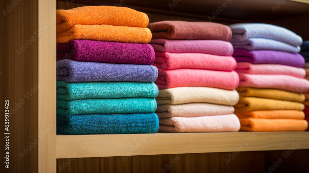 Stack of vibrant and colorful towels in a home linen store Stack of vibrant and colorful towels in a home linen store