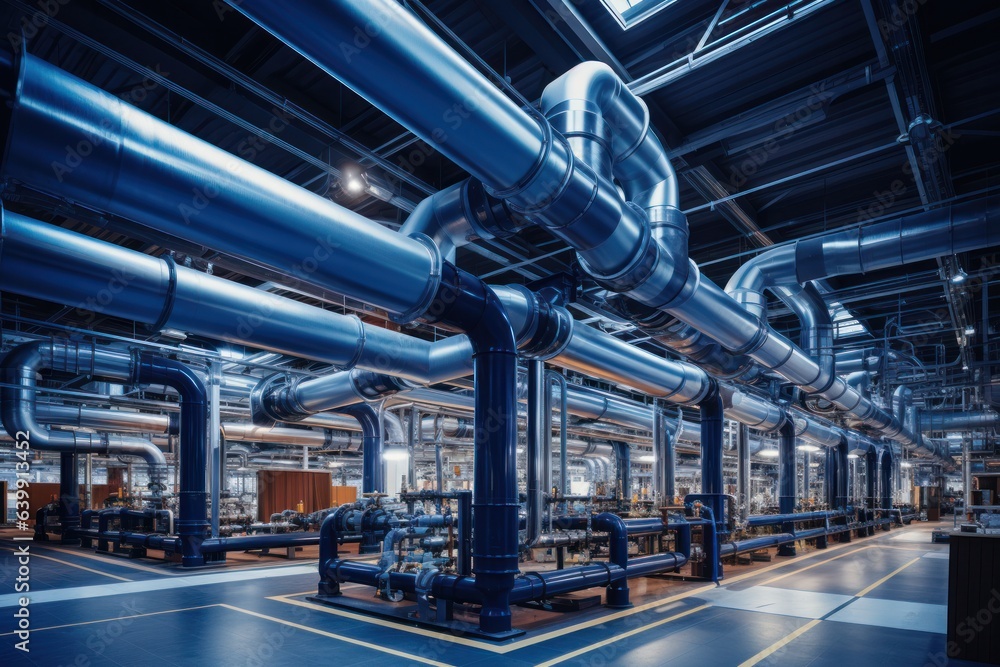 Naklejka premium factory, production, construction, futuristic, artificial, automated, pipe, facility, system, structure. background image is in factory, there have large pipe and automated facility system for product