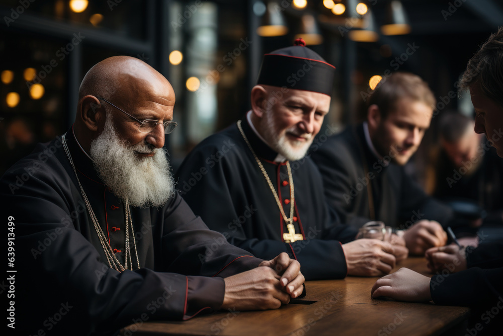Interfaith Dialogue. Religious leaders engaged in a conversation, highlighting the importance of understanding and coexistence. Generative Ai. Interfaith Dialogue. Religious leaders engaged in a conversation, highlighting the importance of understanding and coexistence. Generative Ai.