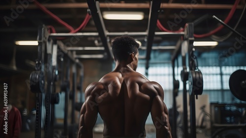 Back of young handsome sportsman in gym, bodybuilder weightlifter with an ideal body, after coaching poses , abdominal muscles, biceps triceps. In sportswear.