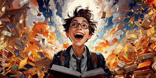 Illustration concept d'un étudiant heureux au milieu de dizaines de livres. Sac à dos d'école sur le dos.
