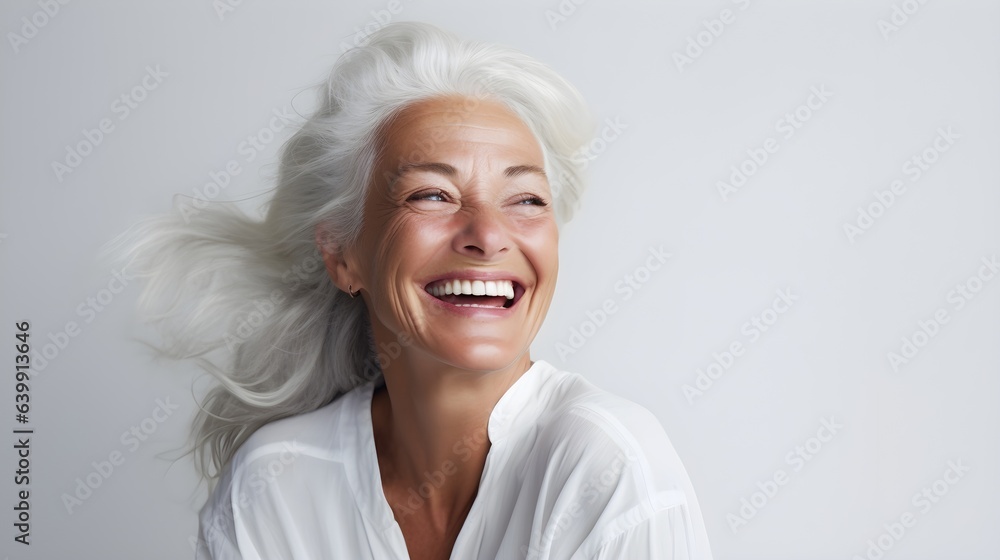 Beautiful elderly senior woman with grey hair laughing and smiling. Mature old lady close up portrait. Healthy face skin care beauty, skincare cosmetics, dental with copy space
