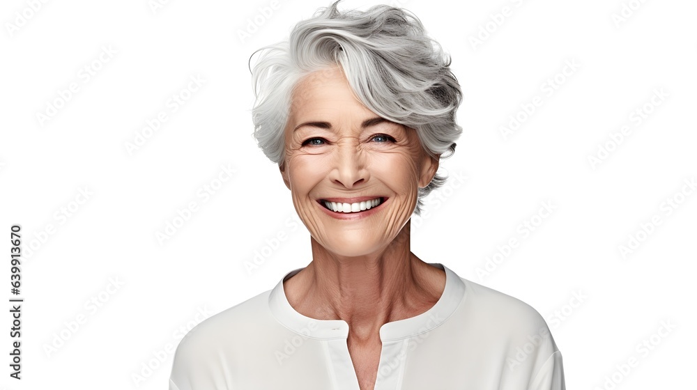 Beautiful elderly senior woman with grey hair laughing and smiling isolate on white background. Mature old lady close up portrait. Healthy face skin care beauty, skincare cosmetics, dental. Beautiful elderly senior woman with grey hair laughing and smiling isolate on white background. Mature old lady close up portrait. Healthy face skin care beauty, skincare cosmetics, dental.