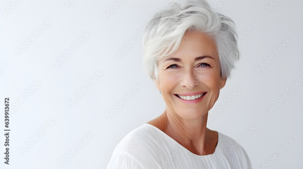 Beautiful elderly senior woman with grey hair laughing and smiling. Mature old lady close up portrait. Healthy face skin care beauty, skincare cosmetics, dental with copy space Beautiful elderly senior woman with grey hair laughing and smiling. Mature old lady close up portrait. Healthy face skin care beauty, skincare cosmetics, dental with copy space