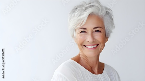 Beautiful elderly senior woman with grey hair laughing and smiling. Mature old lady close up portrait. Healthy face skin care beauty, skincare cosmetics, dental with copy space photo