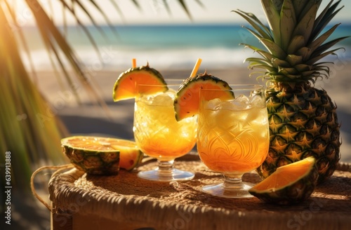 pie apple, tropical fruit, beach, summer, sea, journey, palm, ocean, travel, nature. background picture is beach and palm tree put around sea. in front of pie apple and tropical fruit water decorate.