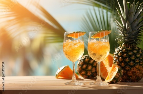 pie apple, tropical fruit, beach, summer, sea, journey, palm, ocean, travel, nature. background picture is beach and palm tree put around sea. in front of pie apple and tropical fruit water decorate.