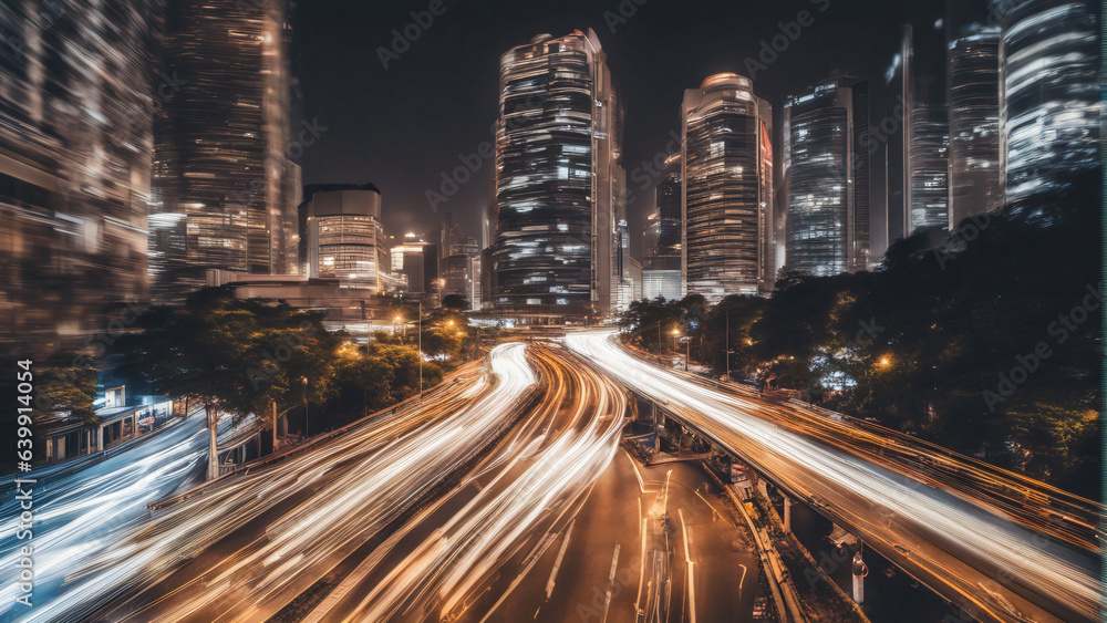 Abstract Motion Blur City, traffic in central district of city at night. Light trails with motion blur effect, long time exposure
