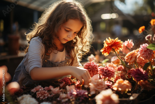 A child arranges freshly picked flowers into a vibrant bouquet, exploring artistic gardening. Concept of Flower Bouquet Creations. Generative Ai. © Sebastian