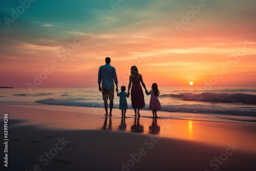 family, sunset, beach, summer, sea, journey, ocean, travel, nature, trip. background picture is family walk together with children at beach when sunset. out of sight has twilight sky on summer sea. © Day Of Victory Stu.