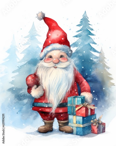 Watercolor illustration kind christmas gnome with gifts