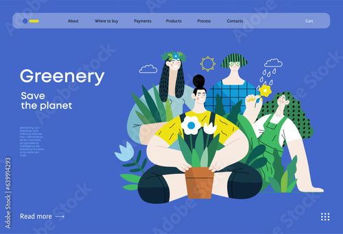 Greenery, ecology -modern flat vector concept illustration of people surrounded by plants and flowers. Metaphor of environmental sustainability and protection, closeness to nature