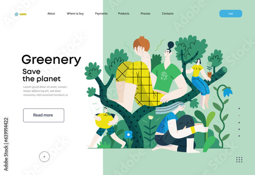 Greenery, ecology -modern flat vector concept illustration of people on a tree, surrounded by plants. Metaphor of environmental sustainability and protection, closeness to nature