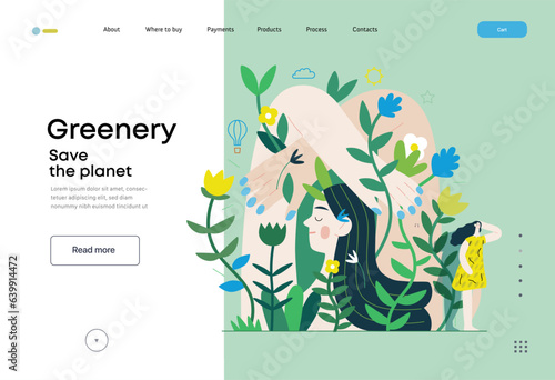 Greenery, ecology -modern flat vector concept illustration of a mural of a woman, surrounded by plants. Metaphor of environmental sustainability and protection, closeness to nature
