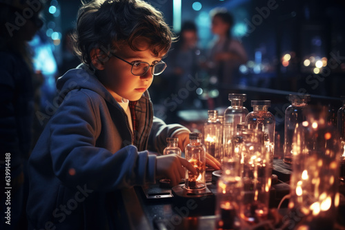 Curious young minds at work, children in lab coats and safety goggles conduct hands-on experiments, embracing the spirit of young scientists. Concept of Young Science Enthusiasts. Generative Ai.