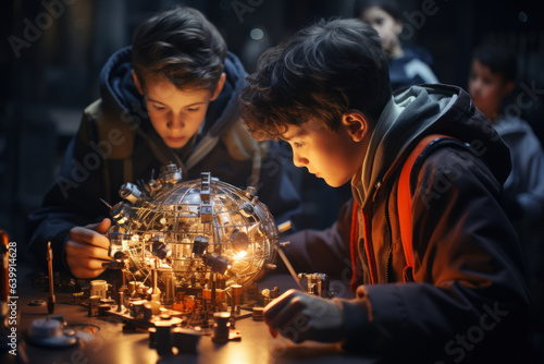 Young minds light up as they assemble simple circuits and watch as a small light bulb illuminates, experiencing the magic of electricity. Concept of Circuit Creation. Generative Ai.