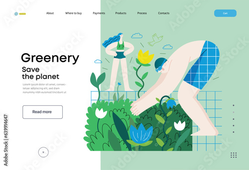 Greenery, ecology -modern flat vector concept illustration of people around the swimming pool of plants and flowers. Metaphor of environmental sustainability and protection, closeness to nature