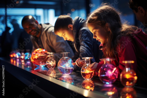 Kids observe and learn about density as they create colorful, layered liquids in clear containers, unraveling the mysteries of liquids. Concept of Liquid Layers Experiment. Generative Ai.