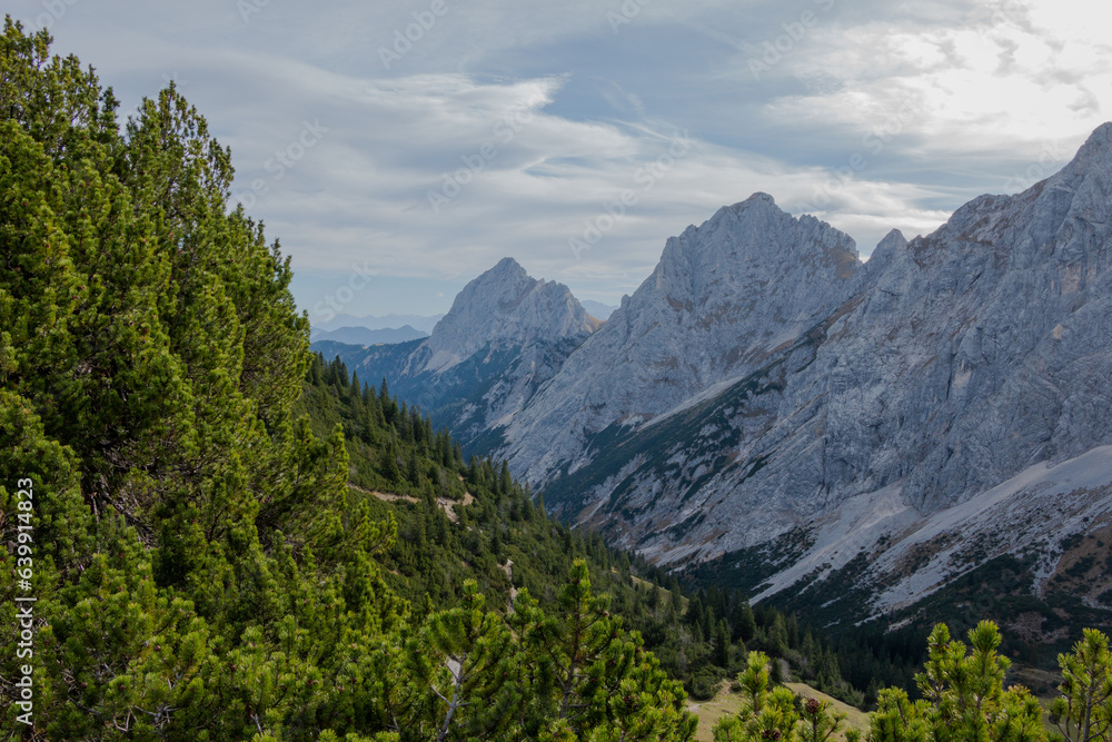 View of stunning mountain scenery at Füssener Jöchle in Tyrol in the Austrian Alps, including Kellenspitze and Gimpel