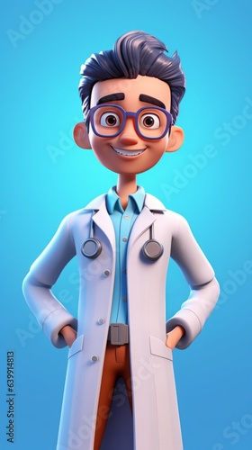 Professional Doctor Cartoon Character on Blue Background.