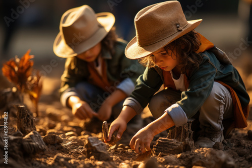 Young archaeologists carefully brush away sand to uncover ancient artifacts in a mock archaeological dig, exploring history and culture. Concept of Archaeology Adventure. Generative Ai.