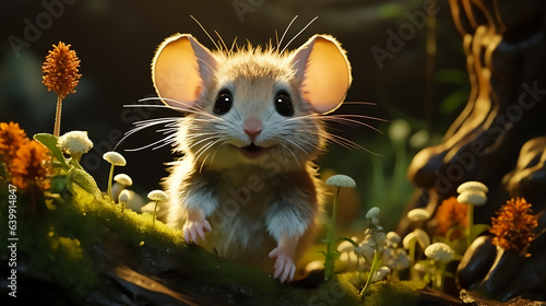 Hyperrealistic happy baby mouse, sideview, play around in a fairytale woods © Dushan