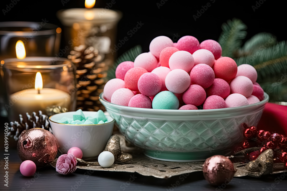 Runde Pralinen mit Zuckerkruste in den Pastellfarben Pink, Magenta und Hellgrün in einer Keramikschale auf einem Tisch mit Kerzen und Weihnachtsdekoration.