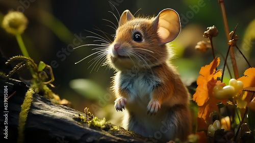 Hyperrealistic happy baby mouse, sideview, play around in a fairytale woods