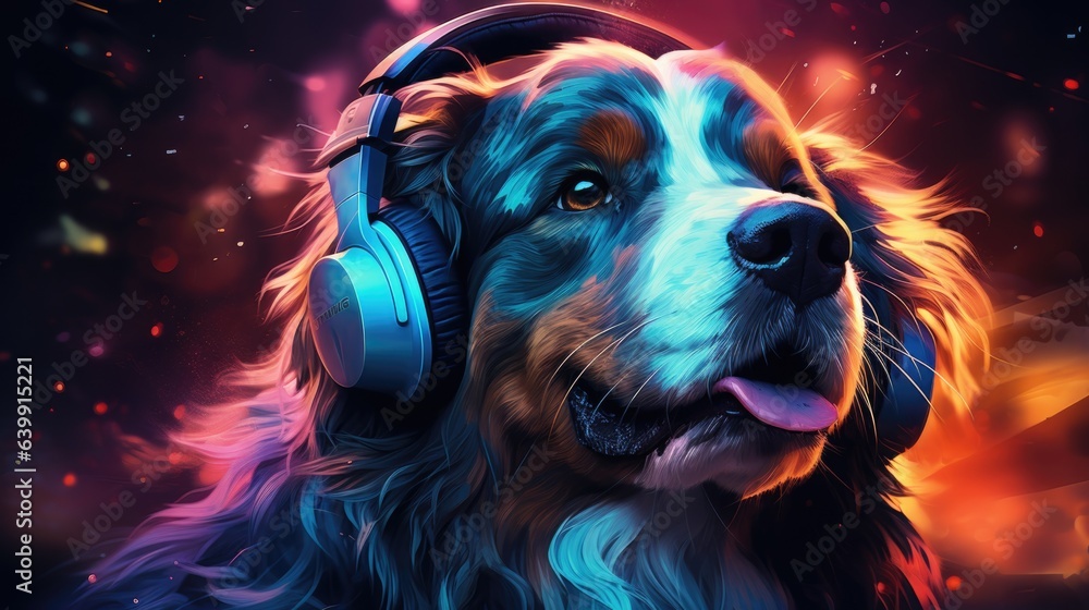Color portrait of a dog wearing headphones.