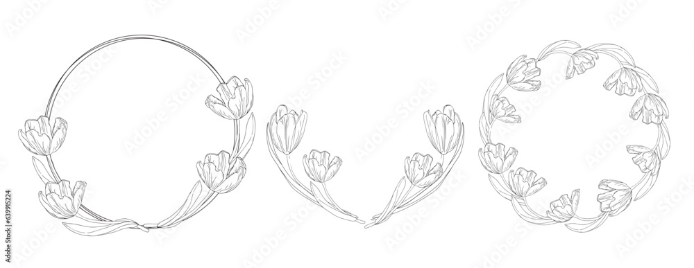 Naklejka premium Tulips wreath set for card or invite, coloring pages with spring flower.Tulips black and white wreath line art flower, vector isolated on a white background