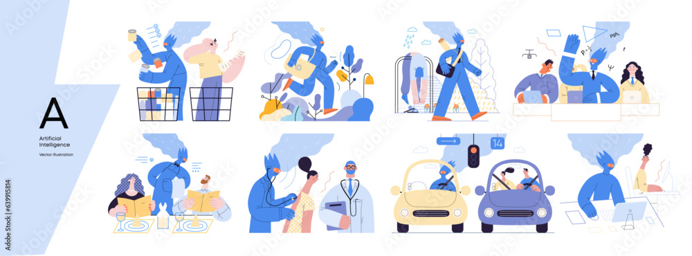Fototapeta premium Artificial intelligence, modern flat vector concept illustrations of AI effectively replacing humans in they everyday life. Metaphor of AI advantage, superiority and dominance concept