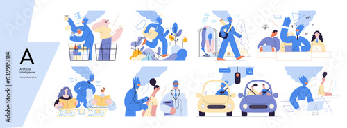 Artificial intelligence, modern flat vector concept illustrations of AI effectively replacing humans in they everyday life. Metaphor of AI advantage, superiority and dominance concept