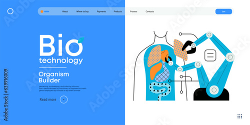 Bio Technology, Organism Builder -modern flat vector concept illustration of robot assembling organism using blocks, parts representing organ systems. Metaphor of regenerative medicine and 3D printing