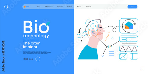 Bio Technology, Brain implant, Neural upgrade -modern flat vector concept illustration of brain implant, integration, enhanced cognitive abilities. Pushing boundaries of potential, neural upgrades