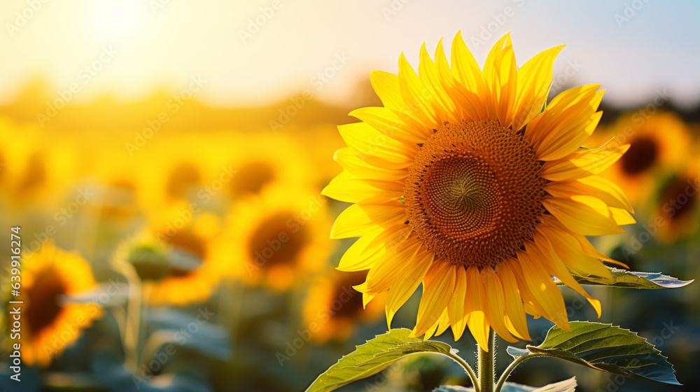Fototapeta premium Sunflower on blurred sunny nature background Horizontal agriculture summer banner with sunflowers field