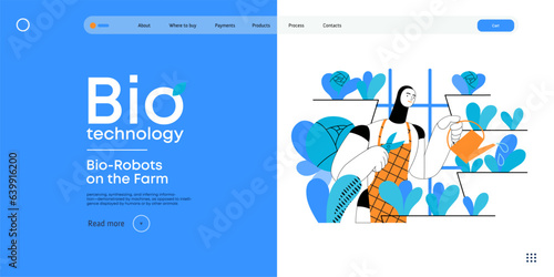 Bio Technology, Robot on farm -modern flat vector concept illustration of bio-robot engaged in agricultural activities. Metaphor of robotics and biotechnology integration, efficiency, sustainability