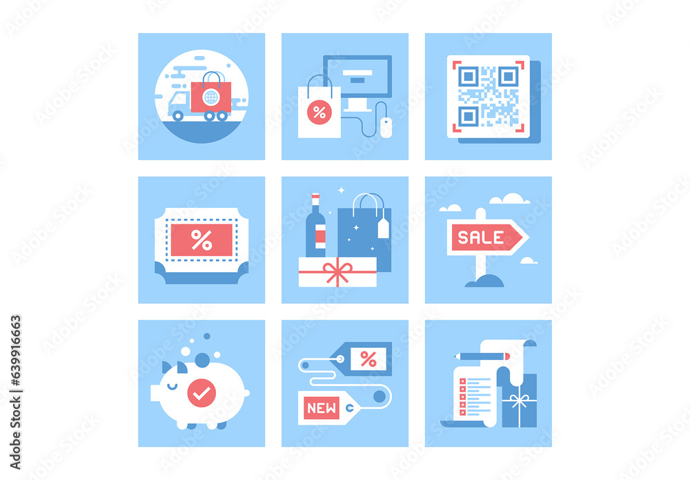 Vector set of flat shopping and commerce icons. Icon pack includes ...