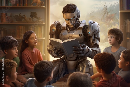 A human-like robot reading a book to the children.  Generated AI.