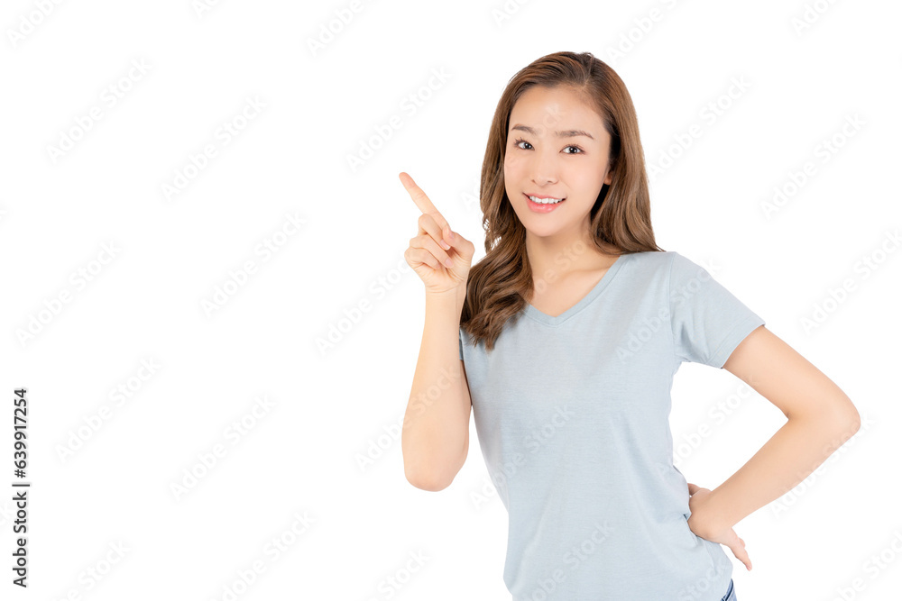 Happy young Asian woman pointing up to copy space looking at camera with smile face Smiling Pretty female invite customer to buy your product, use for advertising with isolated on white background Happy young Asian woman pointing up to copy space looking at camera with smile face Smiling Pretty female invite customer to buy your product, use for advertising with isolated on white background
