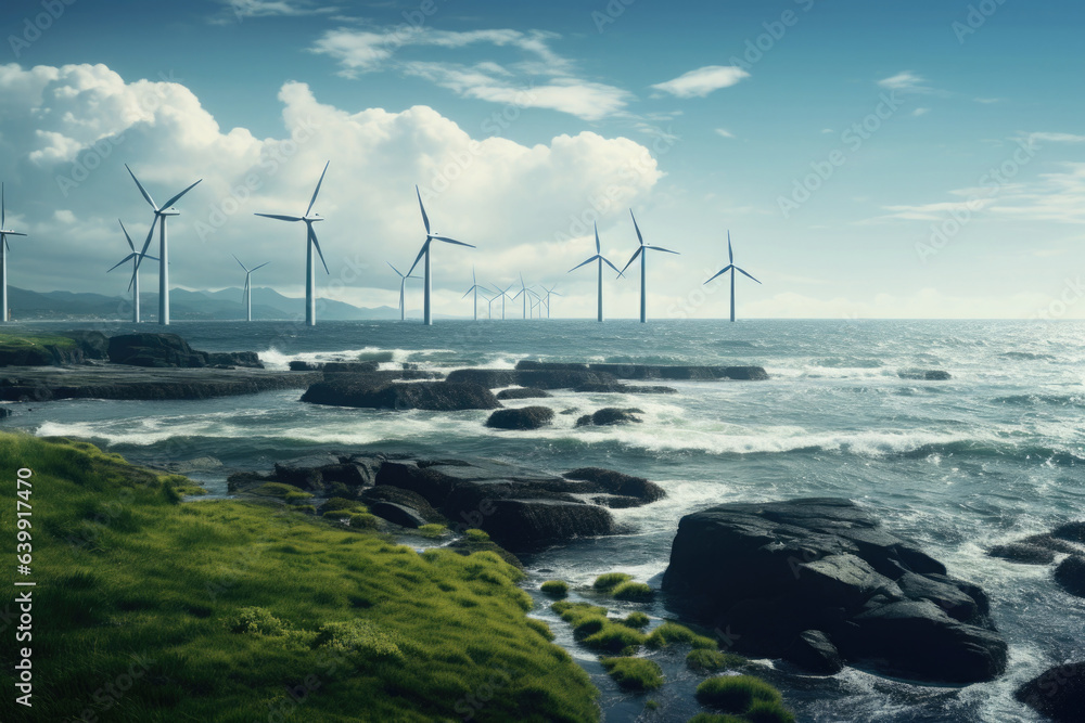 Offshore wind farm. Wind generators in sea. Development of renewable energy sources