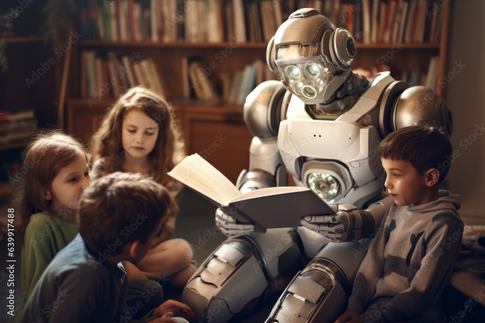 A human-like robot reading a book to the children. Generated AI. A human-like robot reading a book to the children. Generated AI.