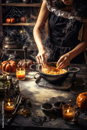 Woman prepares dish to celebrate Halloween. Female hands cooking in kitchen with Halloween ingredients on table