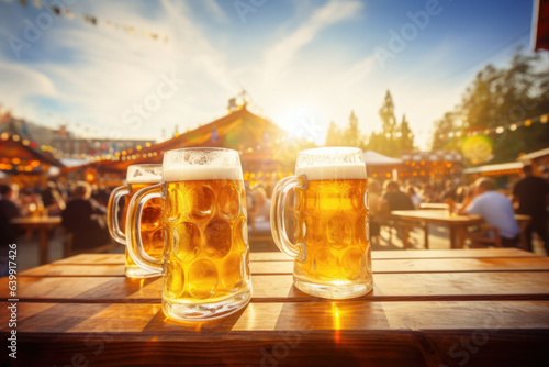 Two mugs of beer on wooden table with street cafe background. Drinking alcohol at open air party in autumn season