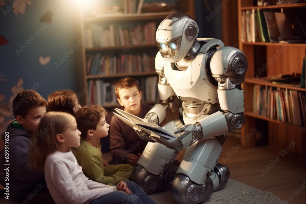 Fototapeta premium A human-like robot reading a book to the children. Generated AI.