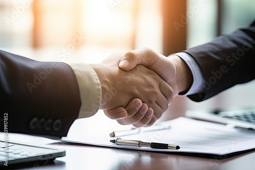 Business partners shaking hands with financial report background, People Connection, Deal, Partnership Concept