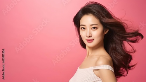 Portrait of Beautiful Asian Woman smile with her Smooth skin look at camera in action Posing of a professional model on yellow background in Studio light
